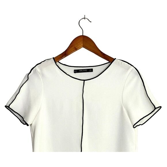 Zara Short Sleeve Trim Contrast Blouse Side Slits Lightweight XS White Black - Picture 4 of 14